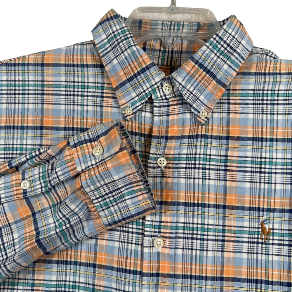 Ralph Lauren Button Down Shirt Mens Large Orange Blue Plaid Custom Fit Cotton
